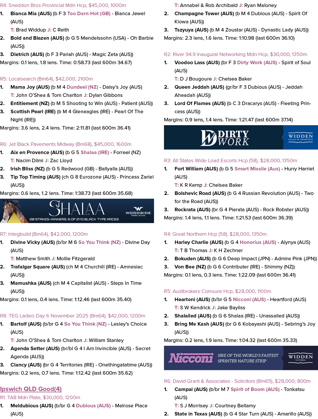R4: Sneddon Bros Provincial Mdn Hcp, $45,000, 1000m 1. Bianca Mia (AUS) (b F 3 Too Darn Hot (GB) Bianca Jewel (AUS) T...