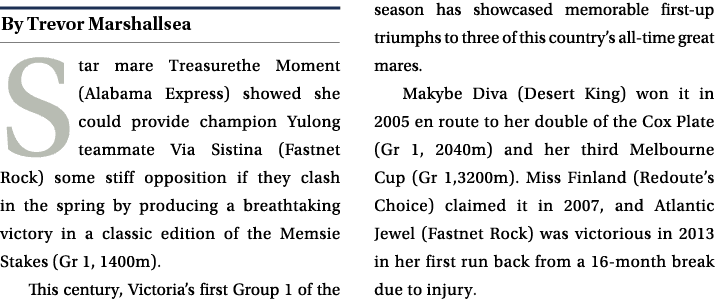 ￼ Star mare Treasurethe Moment (Alabama Express) showed she could provide champion Yulong teammate Via Sistina (Fastn...