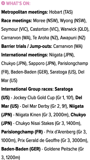 ￼ What's on: Metropolitan meetings: Hobart (TAS) Race meetings: Moree (NSW), Wyong (NSW), Seymour (VIC), Casterton (V...