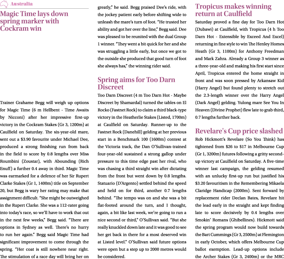 ￼ Magic Time lays down spring marker with Cockram win Trainer Grahame Begg will weigh up options for Magic Time (6 m ...