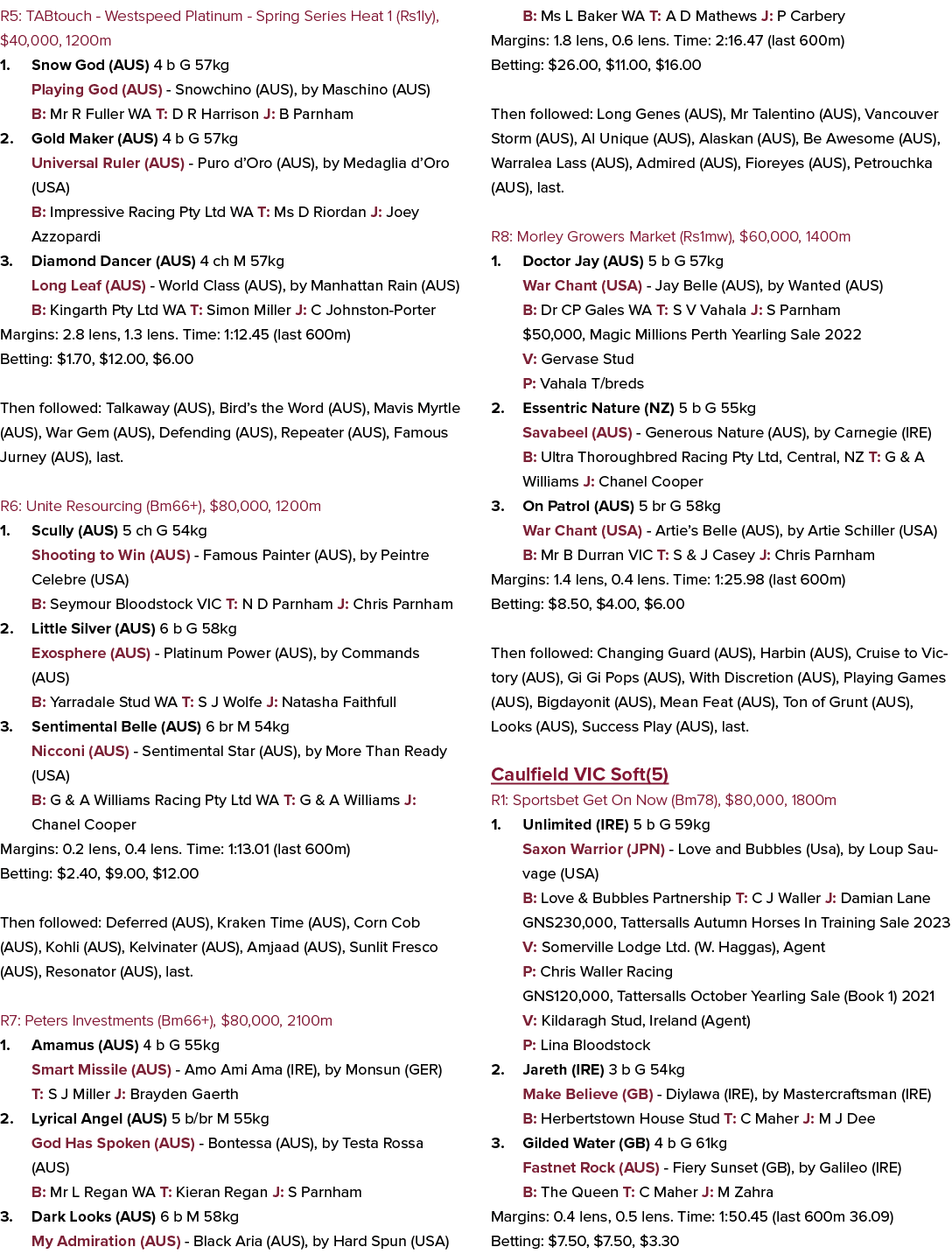 R5: TABtouch Westspeed Platinum Spring Series Heat 1 (Rs1ly), $40,000, 1200m 1. Snow God (AUS) 4 b G 57kg Playing God...