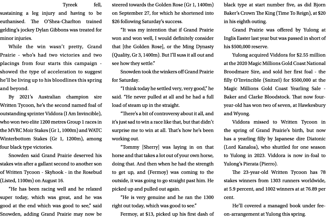 Tyreek fell, sustaining a leg injury and having to be euthanised. The O’Shea Charlton trained gelding’s jockey Dylan ...