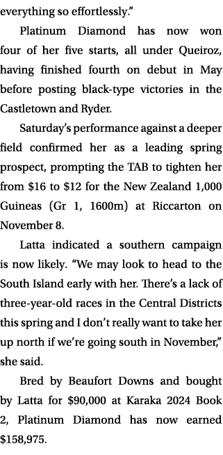 everything so effortlessly.” Platinum Diamond has now won four of her five starts, all under Queiroz, having finished...