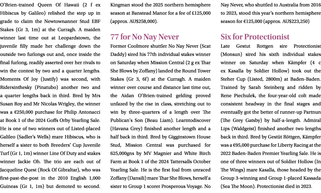 O’Brien trained Queen Of Hawaii (2 f ex Hibiscus by Galileo) relished the step up in grade to claim the Newtownanner ...