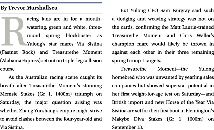 ￼ Racing fans are in for a mouth watering, green and white, three round spring blockbuster as Yulong’s star mares Via...