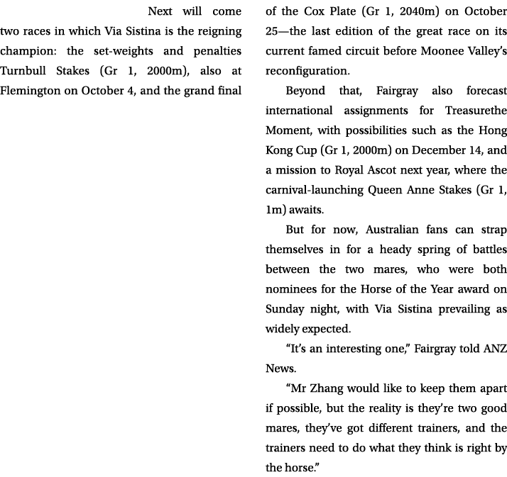 Next will come two races in which Via Sistina is the reigning champion: the set weights and penalties Turnbull Stakes...