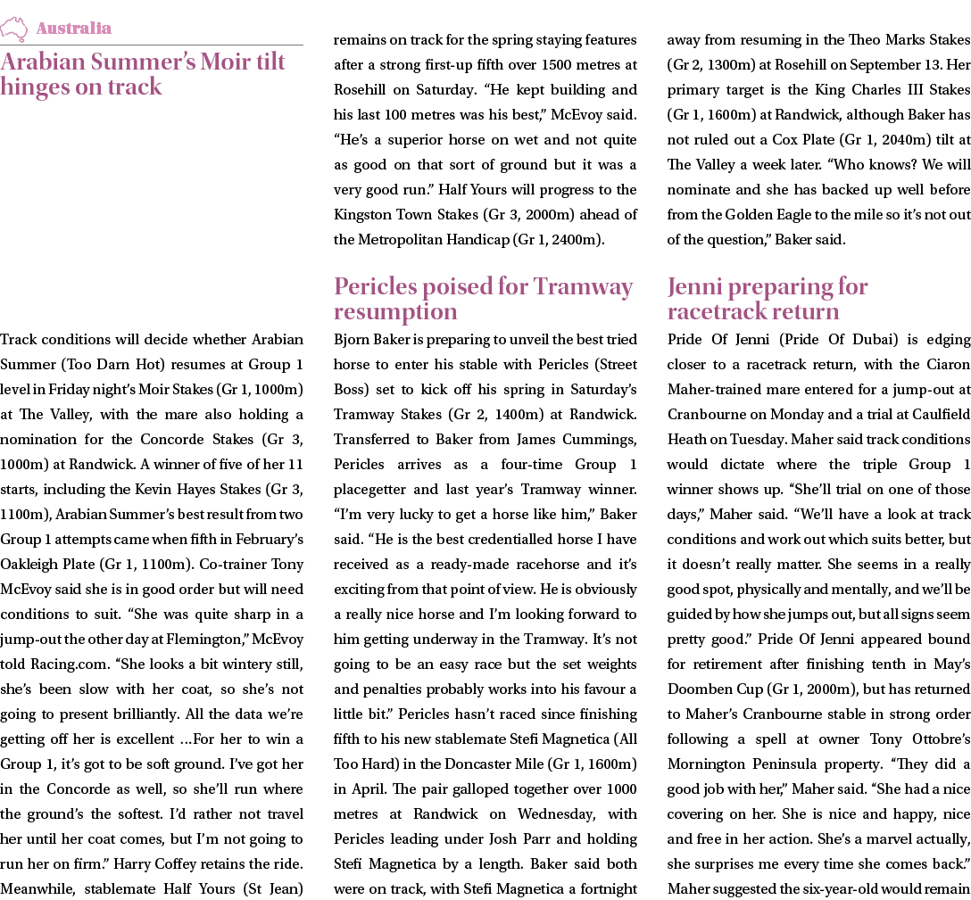 ￼ Arabian Summer’s Moir tilt hinges on track Track conditions will decide whether Arabian Summer (Too Darn Hot) resum...