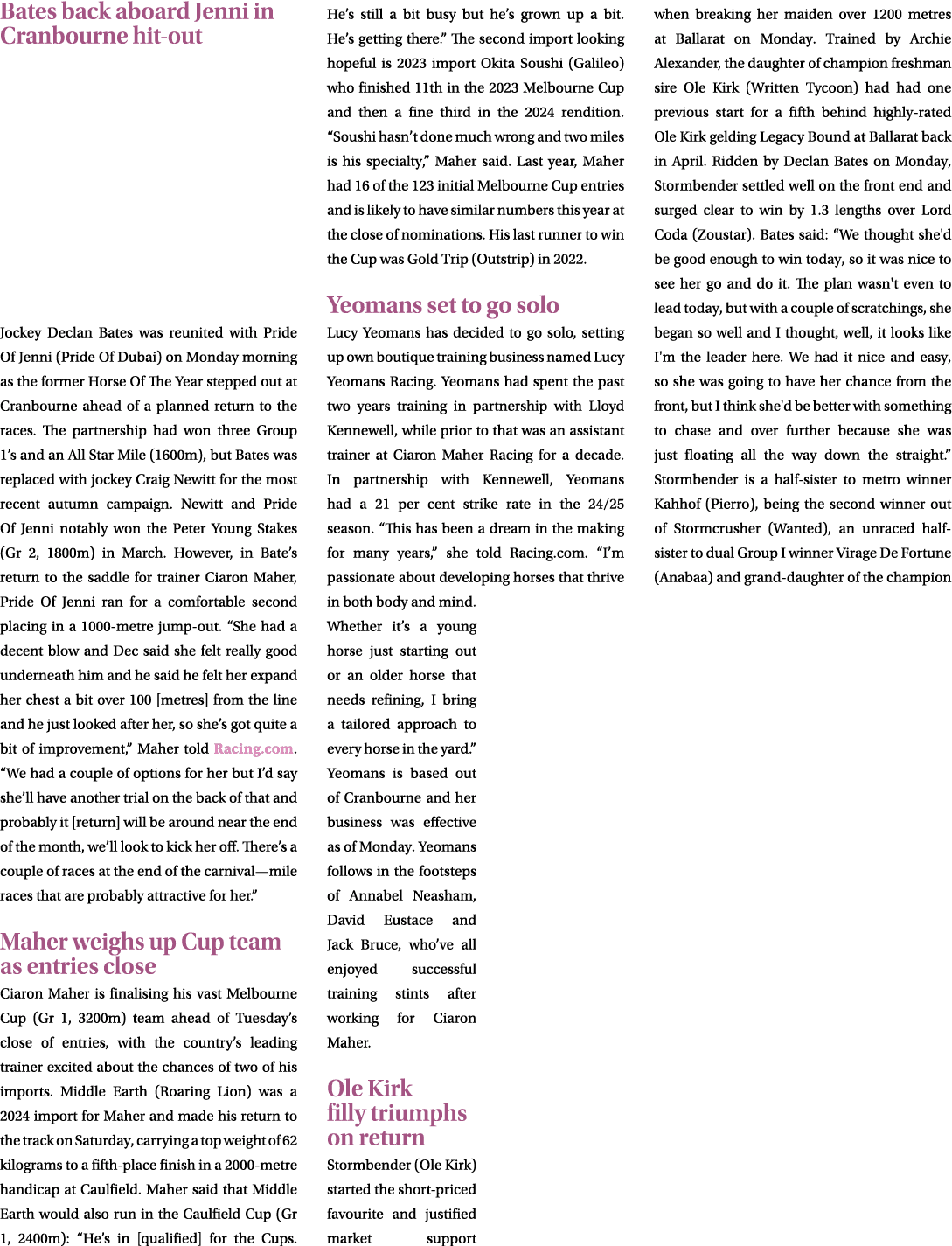 Bates back aboard Jenni in Cranbourne hit out Jockey Declan Bates was reunited with Pride Of Jenni (Pride Of Dubai) o...