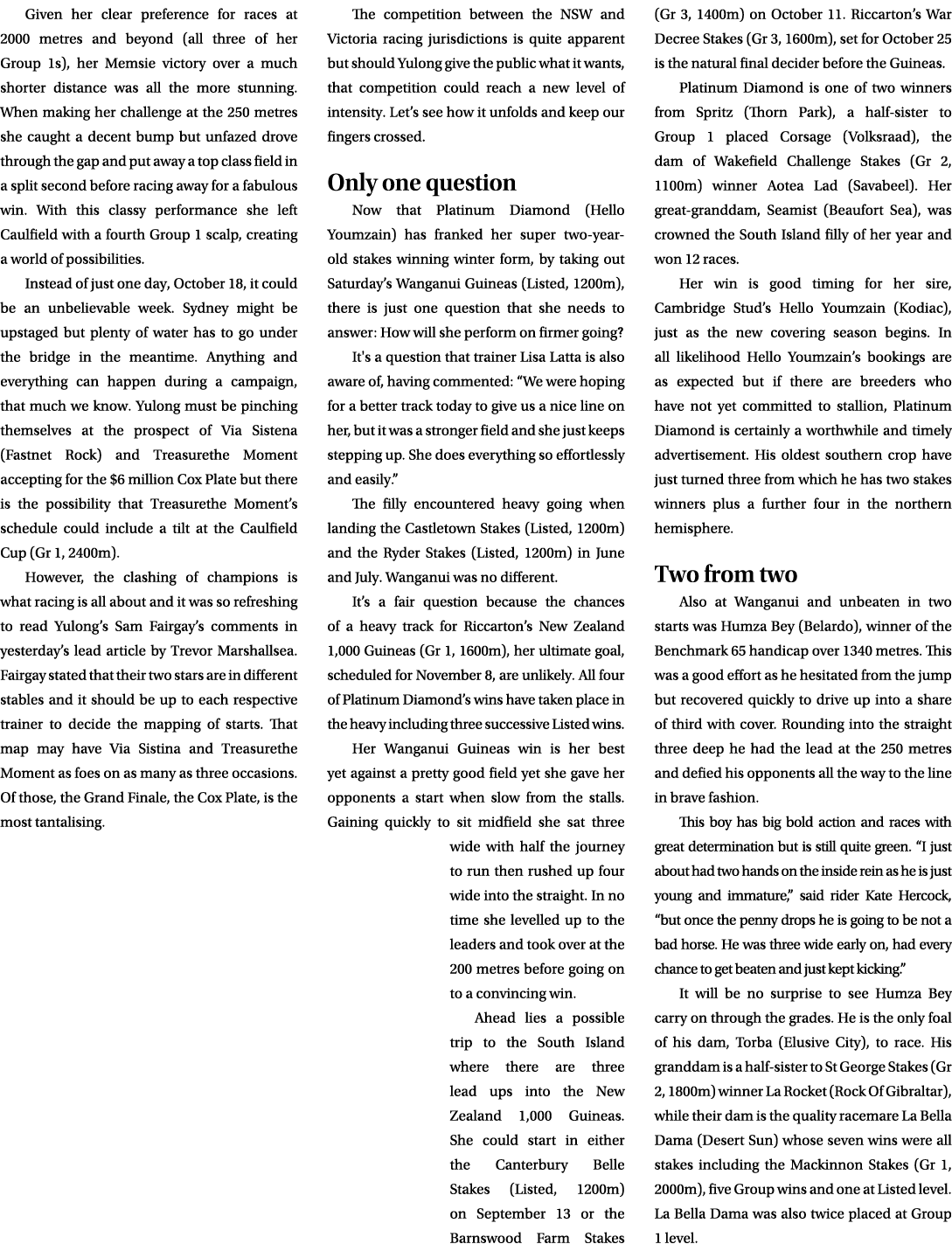 Given her clear preference for races at 2000 metres and beyond (all three of her Group 1s), her Memsie victory over a...