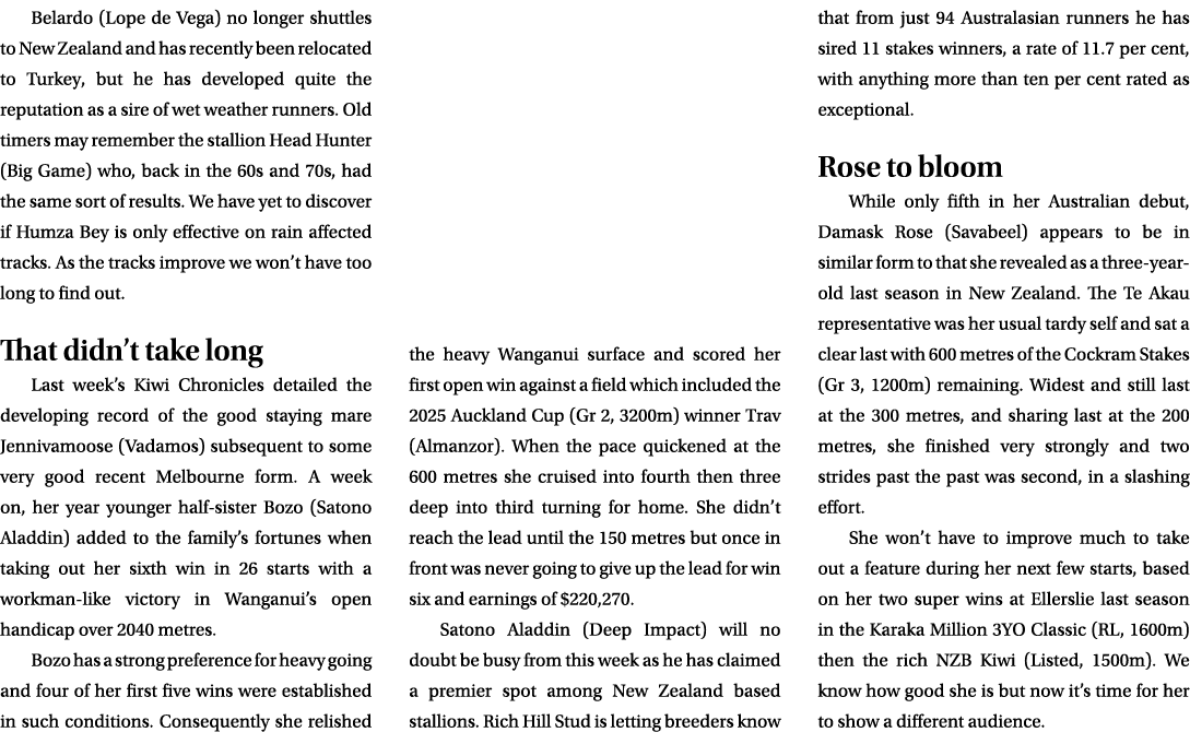 Belardo (Lope de Vega) no longer shuttles to New Zealand and has recently been relocated to Turkey, but he has develo...