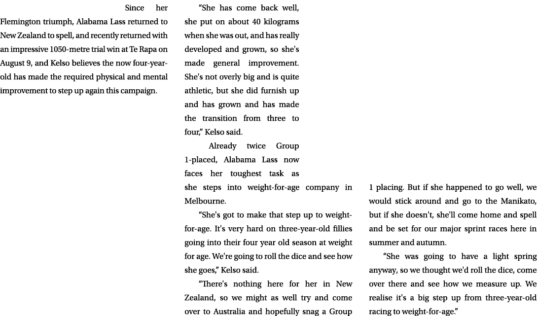 Since her Flemington triumph, Alabama Lass returned to New Zealand to spell, and recently returned with an impressive...