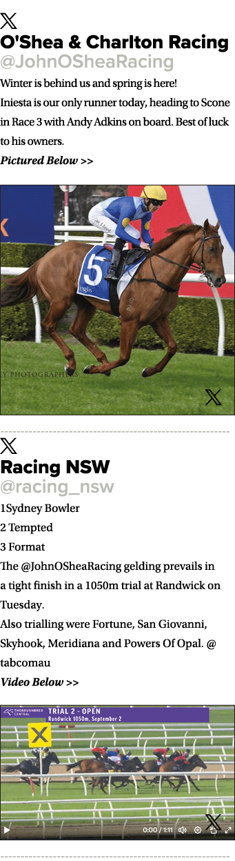 ￼ O'Shea & Charlton Racing @JohnOSheaRacing Winter is behind us and spring is here! Iniesta is our only runner today,...