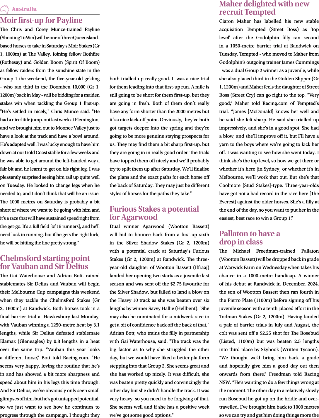 ￼ Moir first up for Payline The Chris and Corey Munce trained Payline (Shooting To Win) will be one of three Queensla...