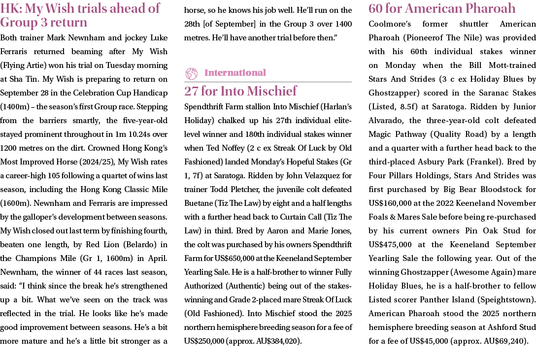 HK: My Wish trials ahead of Group 3 return Both trainer Mark Newnham and jockey Luke Ferraris returned beaming after ...