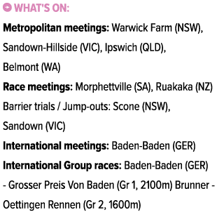 ￼ What's on: Metropolitan meetings: Warwick Farm (NSW), Sandown Hillside (VIC), Ipswich (QLD), Belmont (WA) Race meet...