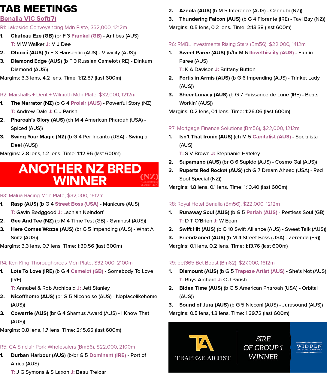 Tab Meetings Benalla VIC Soft(7) R1: Lakeside Conveyancing Mdn Plate, $32,000, 1212m 1. Chateau Eze (GB) (br F 3 Fran...