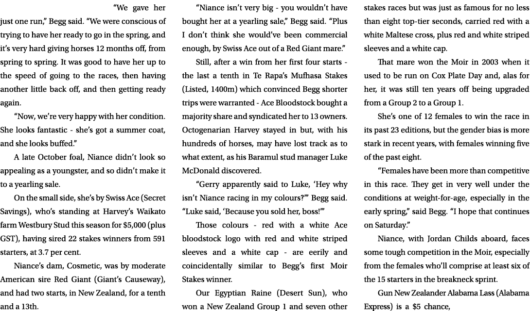 “We gave her just one run,” Begg said. “We were conscious of trying to have her ready to go in the spring, and it’s v...