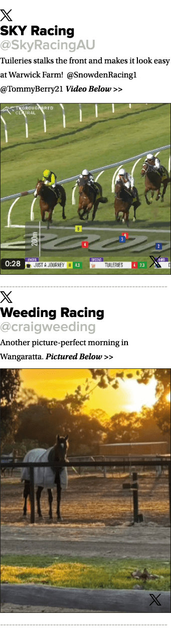 ￼ SKY Racing @SkyRacingAU Tuileries stalks the front and makes it look easy at Warwick Farm! @SnowdenRacing1 @TommyBe...