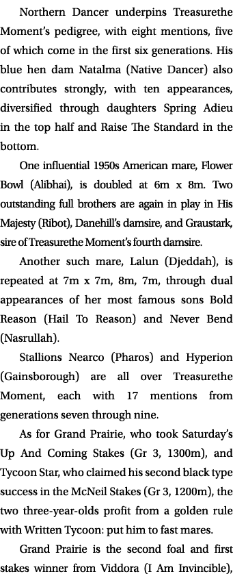 Northern Dancer underpins Treasurethe Moment’s pedigree, with eight mentions, five of which come in the first six gen...