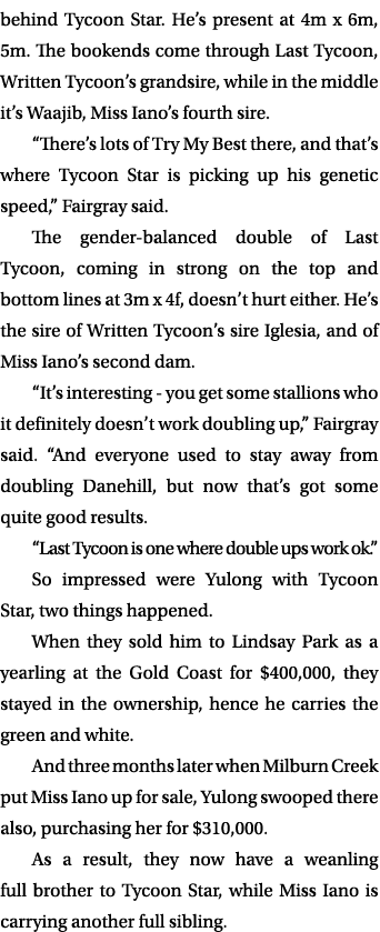 behind Tycoon Star. He’s present at 4m x 6m, 5m. The bookends come through Last Tycoon, Written Tycoon’s grandsire, w...