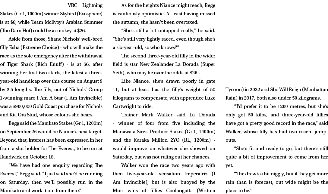 VRC Lightning Stakes (Gr 1, 1000m) winner Skybird (Exosphere) is at $8, while Team McEvoy’s Arabian Summer (Too Darn ...