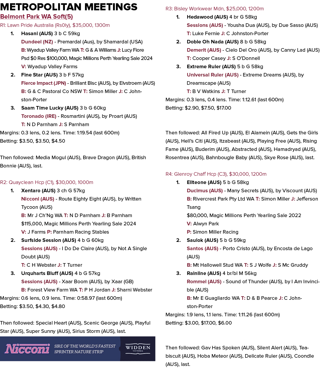 Metropolitan Meetings Belmont Park WA Soft(5) R1: Lawn Pride Australia (Rs0ly), $35,000, 1300m 1. Hasani (AUS) 3 b C ...