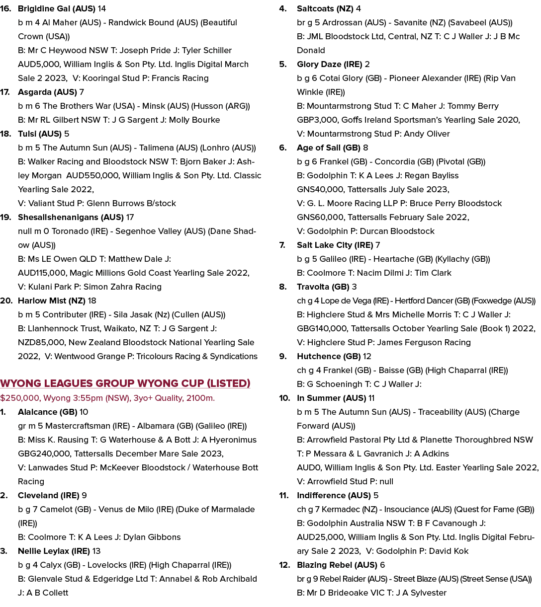 16. Brigidine Gal (AUS) 14 b m 4 Al Maher (AUS) Randwick Bound (AUS) (Beautiful Crown (USA)) B: Mr C Heywood NSW T: J...