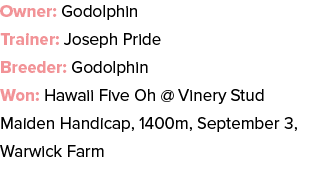 Owner: Godolphin Trainer: Joseph Pride Breeder: Godolphin Won: Hawaii Five Oh @ Vinery Stud Maiden Handicap, 1400m, S...