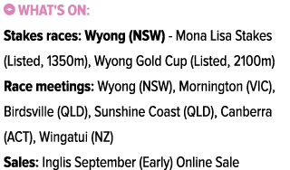 ￼ What's on: Stakes races: Wyong (NSW) Mona Lisa Stakes (Listed, 1350m), Wyong Gold Cup (Listed, 2100m) Race meetings...