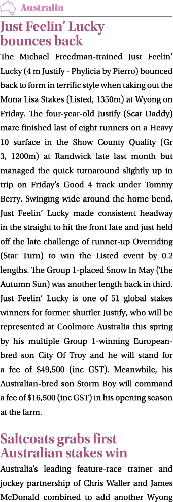 ￼ Just Feelin’ Lucky bounces back The Michael Freedman trained Just Feelin’ Lucky (4 m Justify Phylicia by Pierro) bo...