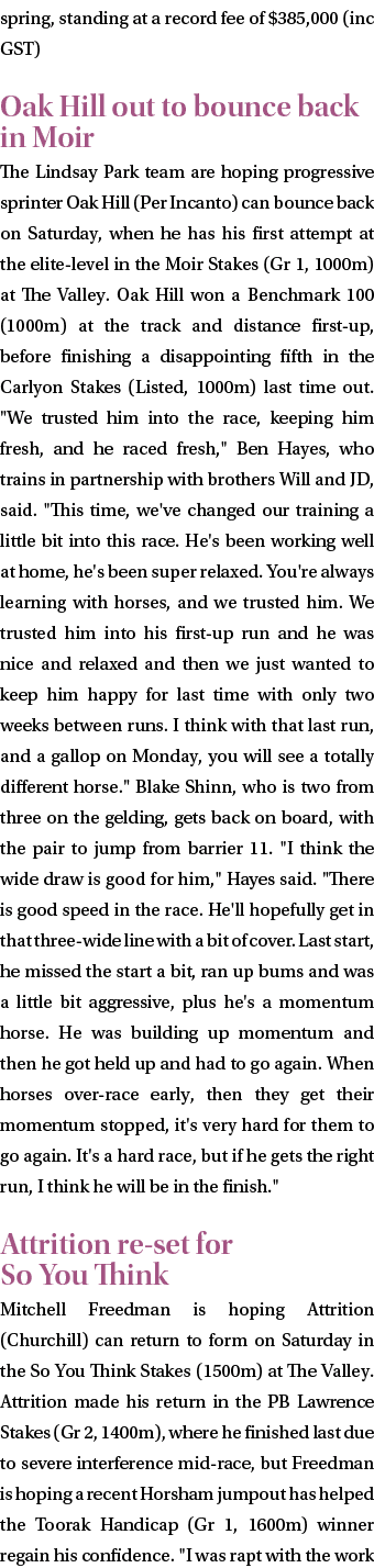 spring, standing at a record fee of $385,000 (inc GST) Oak Hill out to bounce back in Moir The Lindsay Park team are ...