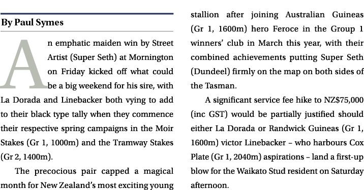 ￼ An emphatic maiden win by Street Artist (Super Seth) at Mornington on Friday kicked off what could be a big weekend...