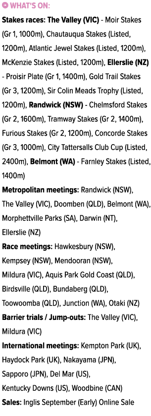 ￼ What's on: Stakes races: The Valley (VIC) Moir Stakes (Gr 1, 1000m), Chautauqua Stakes (Listed, 1200m), Atlantic Je...