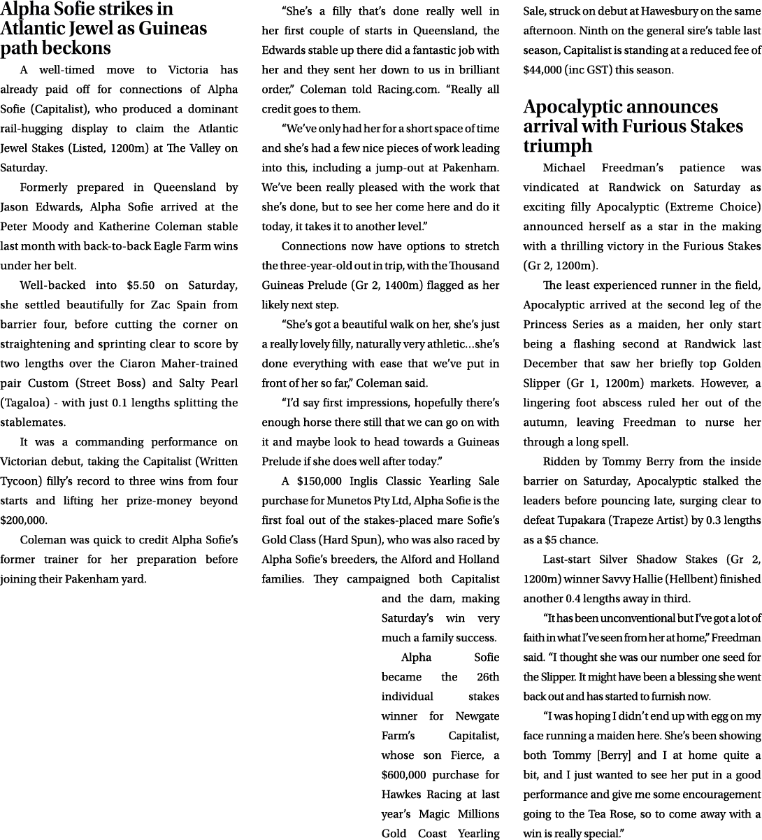 Alpha Sofie strikes in Atlantic Jewel as Guineas path beckons A well timed move to Victoria has already paid off for ...