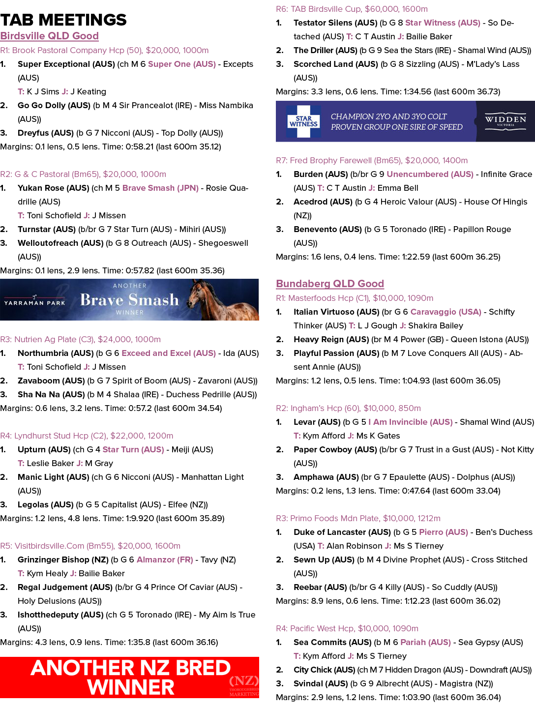 Tab Meetings Birdsville QLD Good R1: Brook Pastoral Company Hcp (50), $20,000, 1000m 1. Super Exceptional (AUS) (ch M...