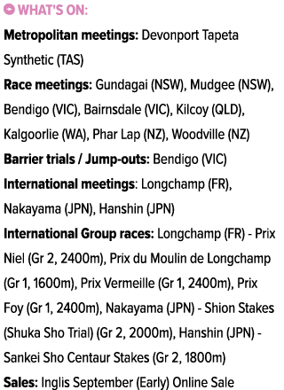 ￼ What's on: Metropolitan meetings: Devonport Tapeta Synthetic (TAS) Race meetings: Gundagai (NSW), Mudgee (NSW), Ben...