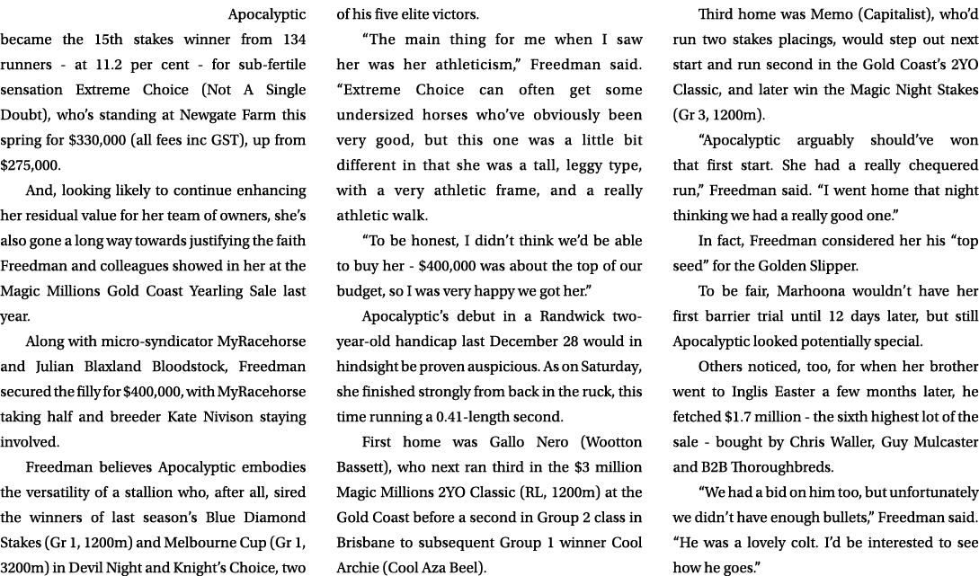 Apocalyptic became the 15th stakes winner from 134 runners at 11.2 per cent for sub fertile sensation Extreme Choice ...