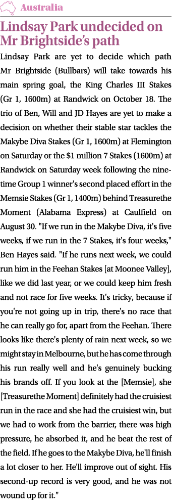 ￼ Lindsay Park undecided on Mr Brightside’s path Lindsay Park are yet to decide which path Mr Brightside (Bullbars) w...