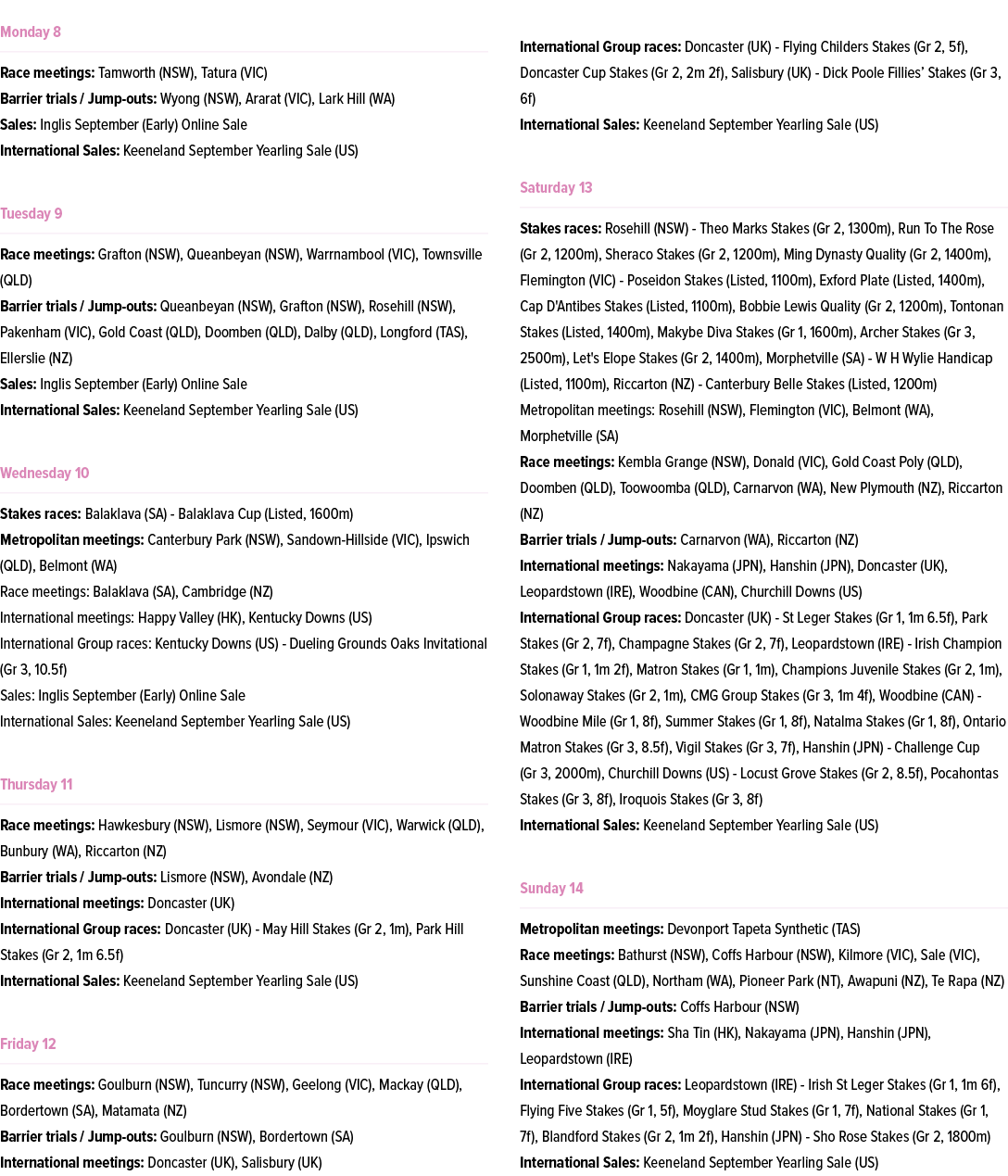 ￼ Race meetings: Tamworth (NSW), Tatura (VIC) Barrier trials / Jump outs: Wyong (NSW), Ararat (VIC), Lark Hill (WA) S...