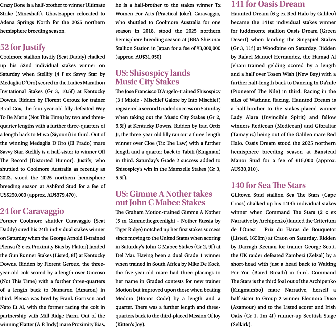 Crazy Bone is a half brother to winner Ultimate Strike (Mineshaft). Ghostzapper relocated to Adena Springs North for ...