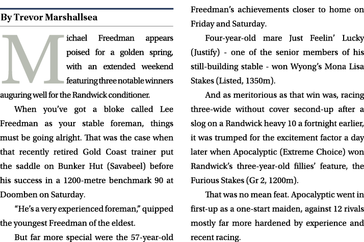 ￼ Michael Freedman appears poised for a golden spring, with an extended weekend featuring three notable winners augur...